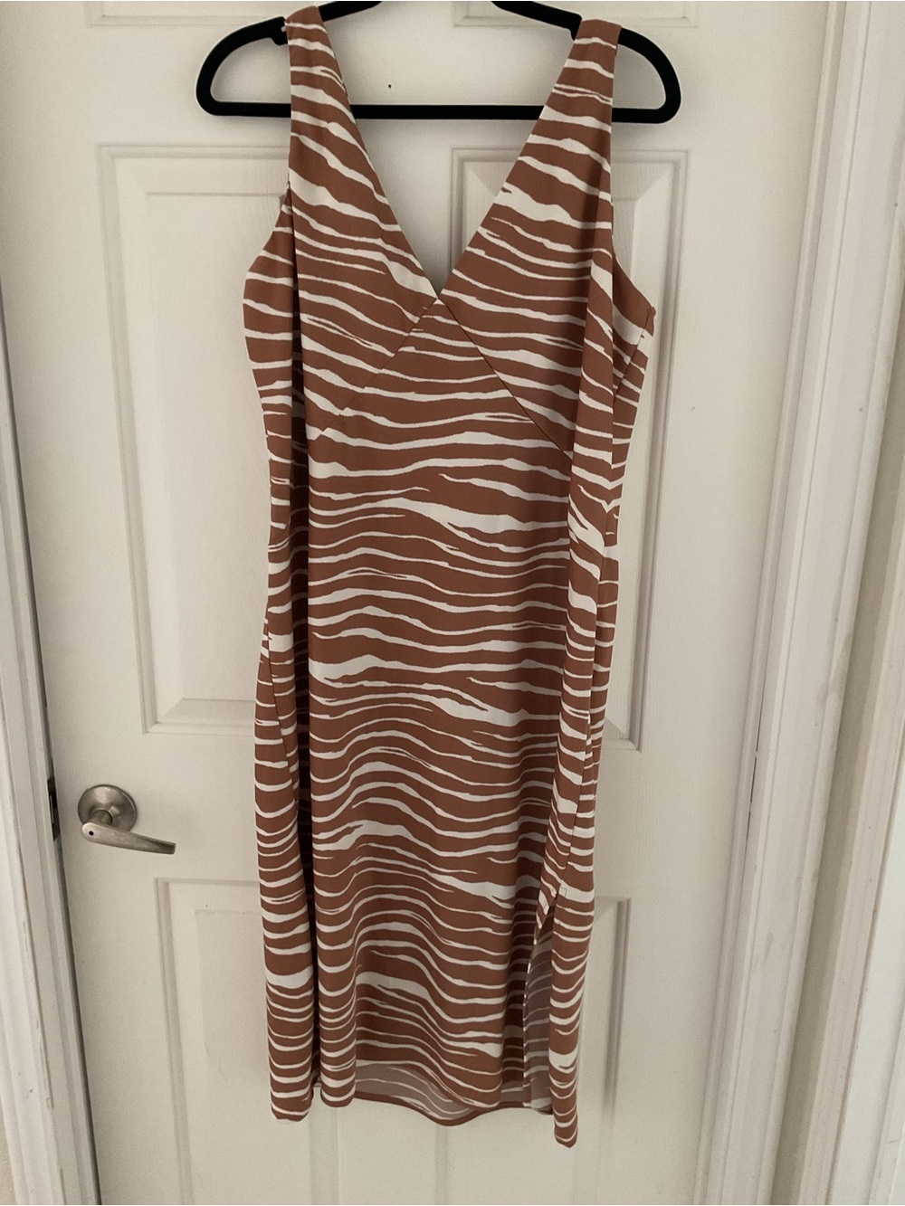 A New Day Zebra Stripe Midi Satin Slip Dress
Brown Cream Medium V-Neck Slit